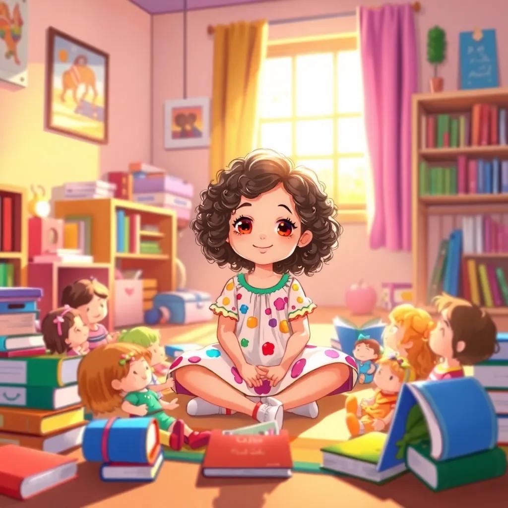 A young girl, Ana, with curly brown hair, wearing a colorful dress, sitting on the floor surrounded by her dolls, colorful books around her, bright sunlight shining through the window, cozy room, digital art, cheerful atmosphere, vibrant colors, engaging perspective, high quality