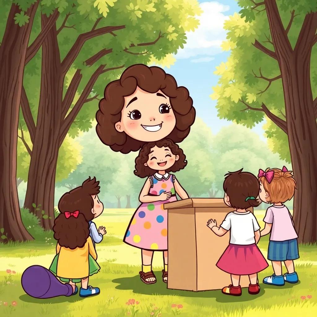 A young girl, Ana, with curly brown hair, wearing a colorful dress, standing next to a cardboard desk in a park, teaching her friends with joy and enthusiasm, trees around them, bright and sunny day, illustration, heartwarming scene, uplifting imagery, high quality