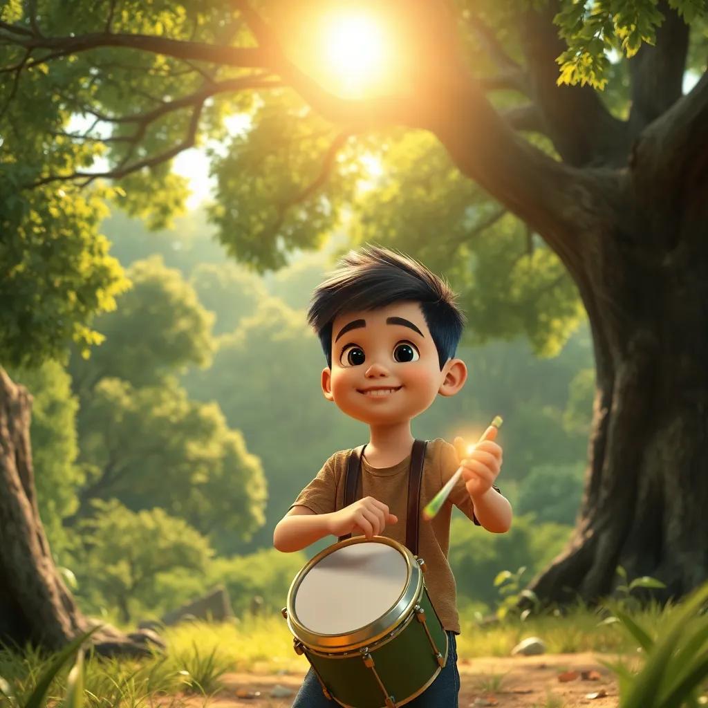 Un niño llamado Leo, un niño mestizo de 5 años, con cabello rizado y piel clara, jugando cerca de un bosque frondoso, bajo un árbol grande, con un tambor brillante en sus manos, luz del sol, colores vibrantes, vista alegre, detalle nítido