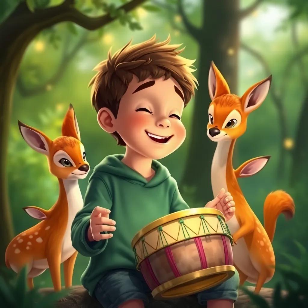 Leo, un niño mestizo de 5 años, sonriente, tocando el tambor mágico, rodeado de conejos y ciervos mirando con curiosidad, un bosque verde de fondo, luz cálida, colorido, ilustración encantadora, atmósfera mágica