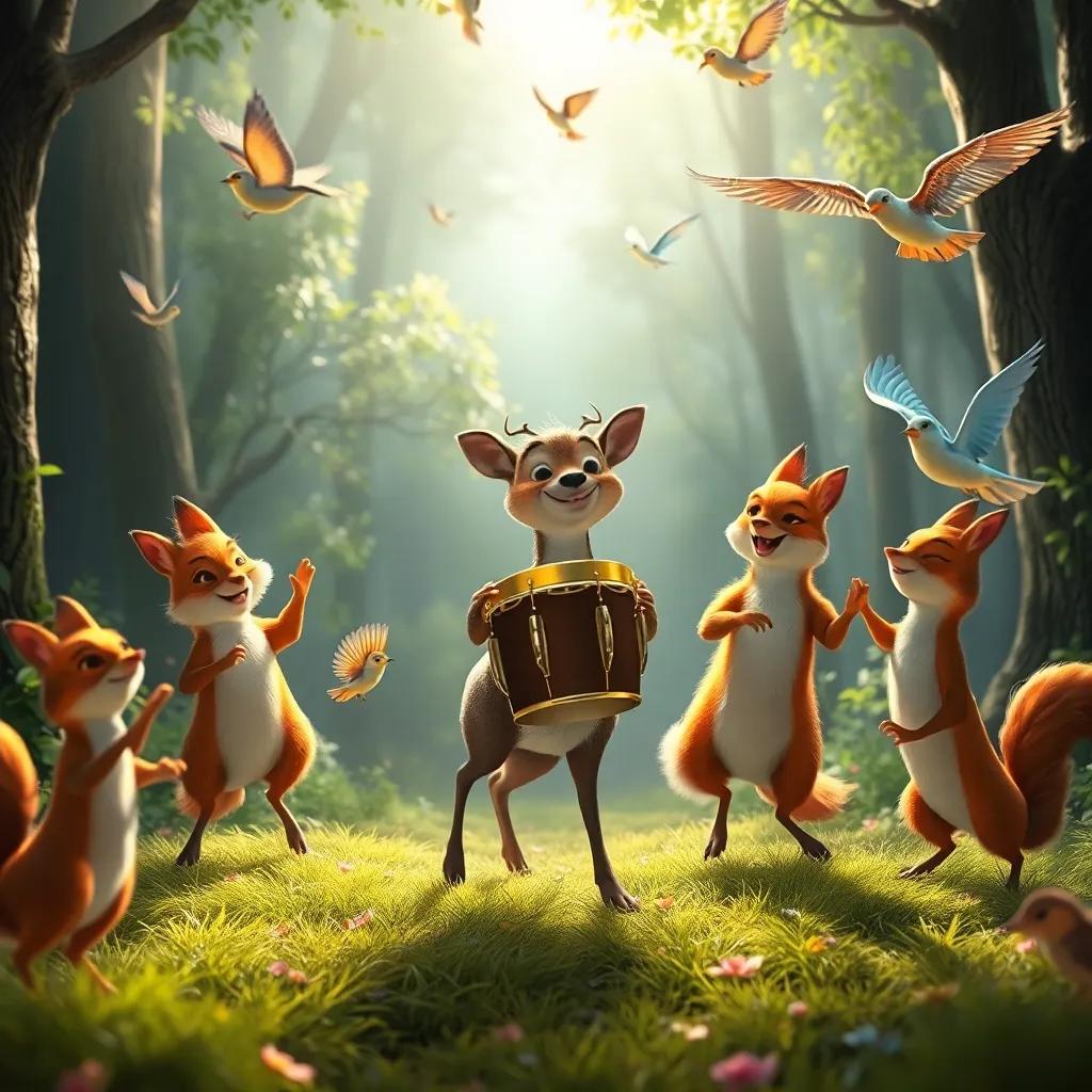 Animales del bosque incluyendo un ciervo elegante, conejos saltando, y pájaros volando, todos bailando alegremente junto a Leo, el tambor brillando en el centro, luz alegre y divertida, escena dinámica, animada y feliz