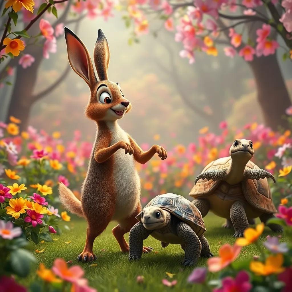 Un conejo con orejas largas brincando en el ritmo, un ciervo elegante moviéndose con gracia, mientras una tortuga lenta se une al baile, todos en el bosque lleno de flores, atmósfera de festival, vibrante y festivo
