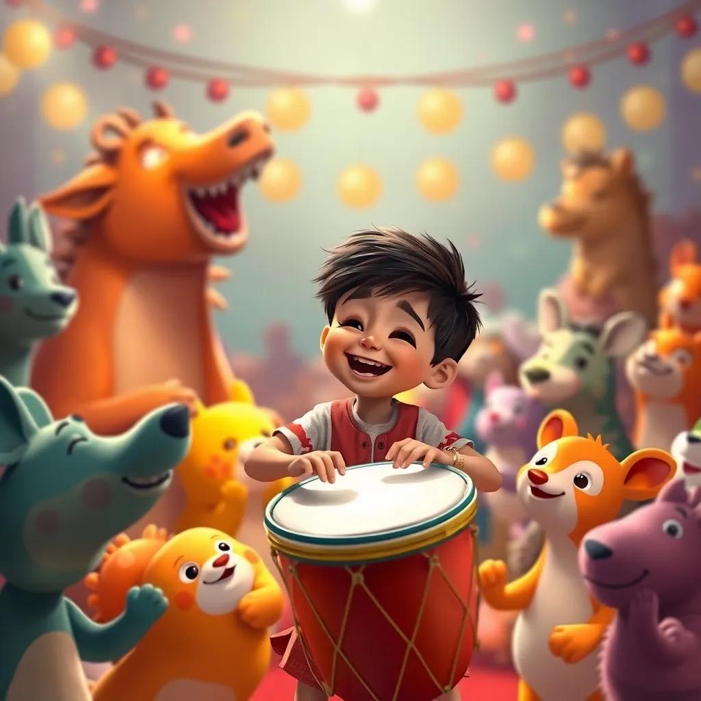 Leo, un niño mestizo de 5 años, riendo mientras toca el tambor, rodeado de una multitud de animales felices, todos juntos bailando, colores cálidos y alegres, ambiente festivo, ilustración detallada
