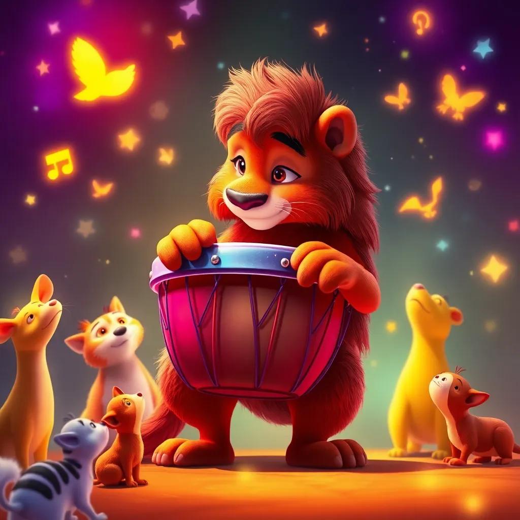 El tambor mágico, con símbolos extraños brillando, mientras se ve a Leo pensando en una nueva canción, rodeado de animales mirando ansiosamente, colores brillantes y detalle enfocado, ambiente inspirador