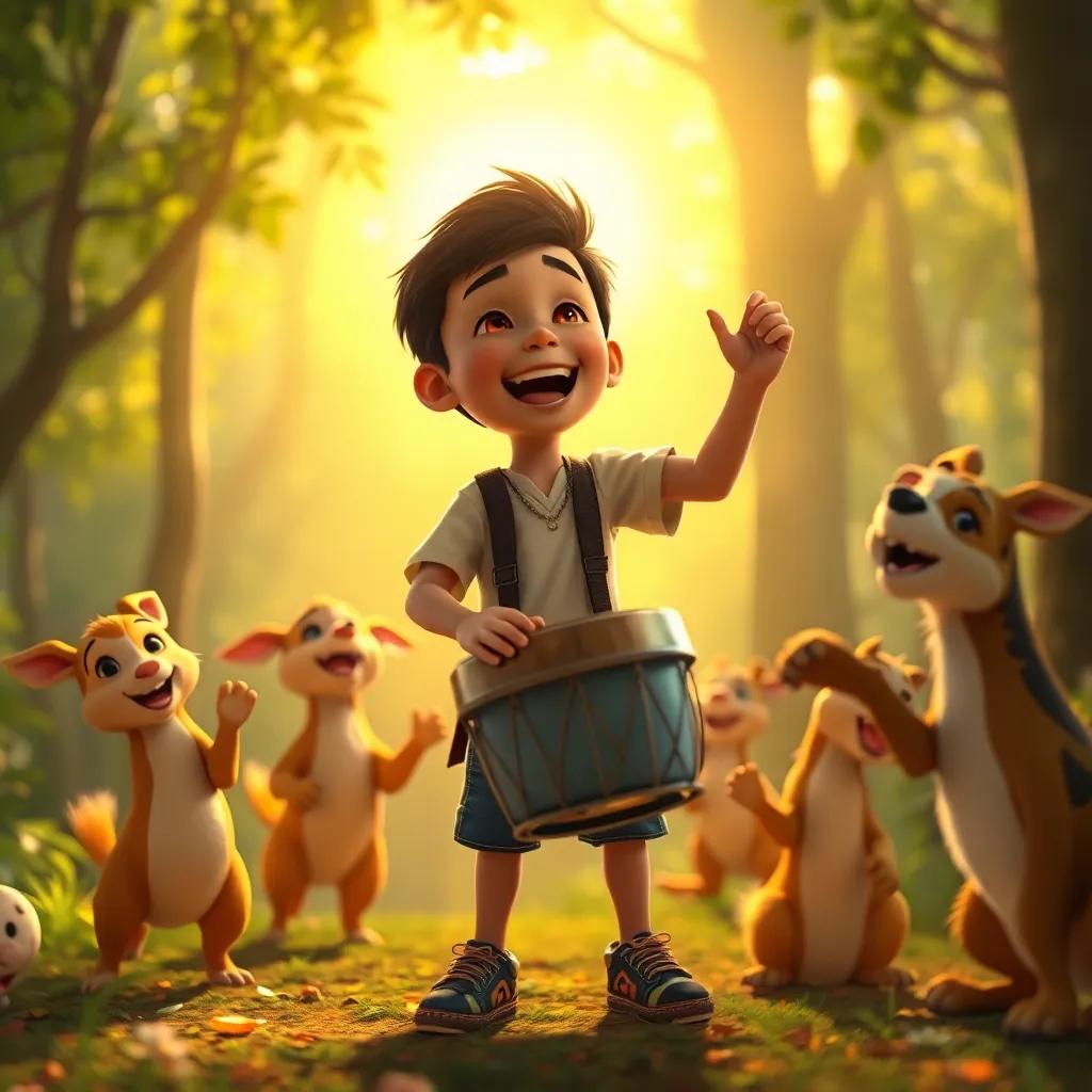 Leo, un niño mestizo de 5 años, emocionado mientras canta y toca su tambor, los animales bailando con alegría, el sol brillando sobre el bosque, escena mágica, luz delicada, aspecto encantador