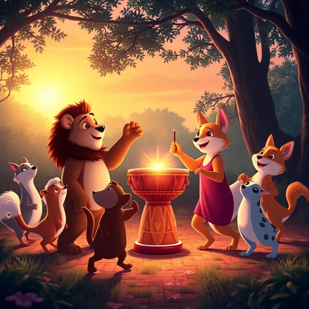 Un amanecer en el bosque, con Leo y sus amigos animales bailando juntos, el tambor en el centro brillando con luz dorada, todos felices, una atmósfera de amistad, colores suaves y acogedores