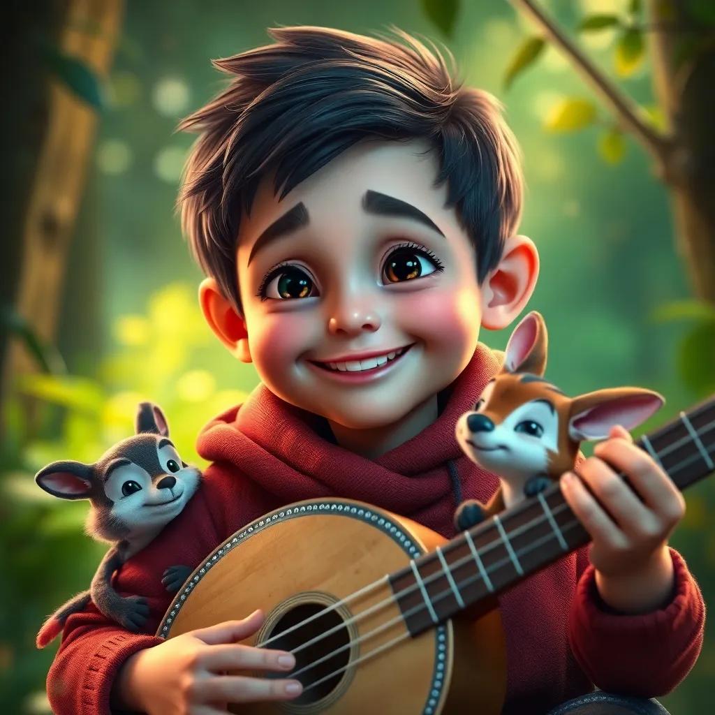 Leo, un niño mestizo de 5 años, feliz y rodeado de amigos del bosque, un momento de alegría captura en su mirada, mientras el tambor mágico sigue sonando, entonando melodías del corazón, detalles vibrantes, cálido y amigable