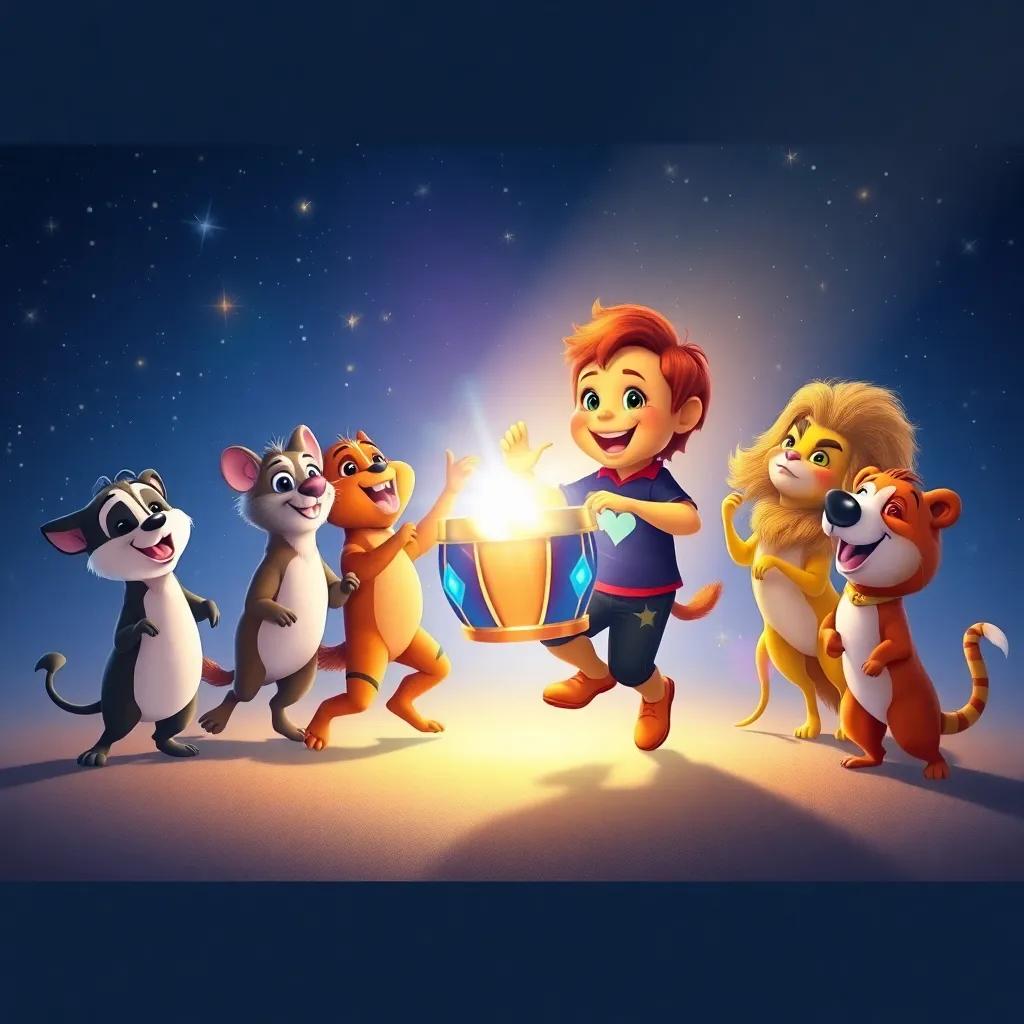 Una escena final de Leo y sus amigos animales, todos felices y bailando bajo las estrellas, con el tambor mágico brillando en el centro, un sentimiento de alegría y amistad, colores brillantes y luz mágica