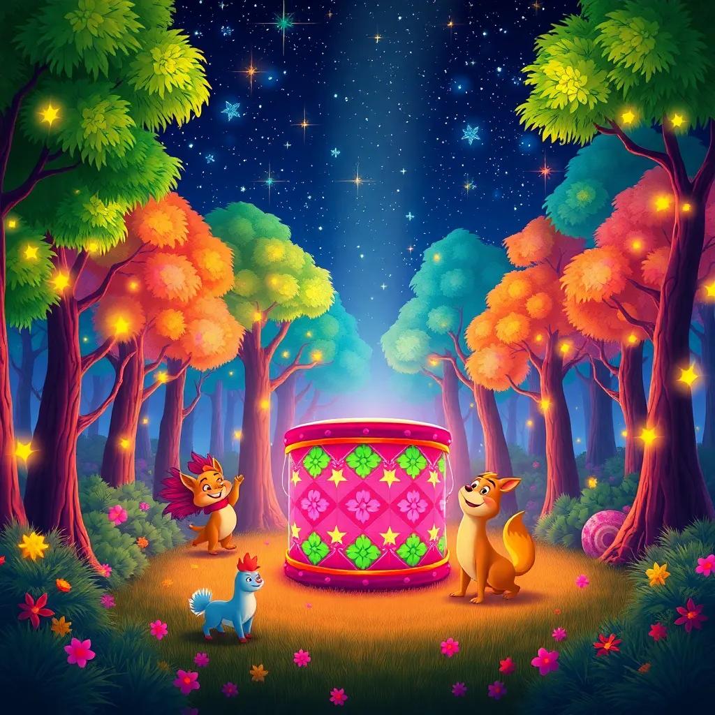A magical drum in a colorful forest, surrounded by glowing trees and joyful animals dancing, under a starry night sky, digital art, vibrant colors, enchanted atmosphere, high quality