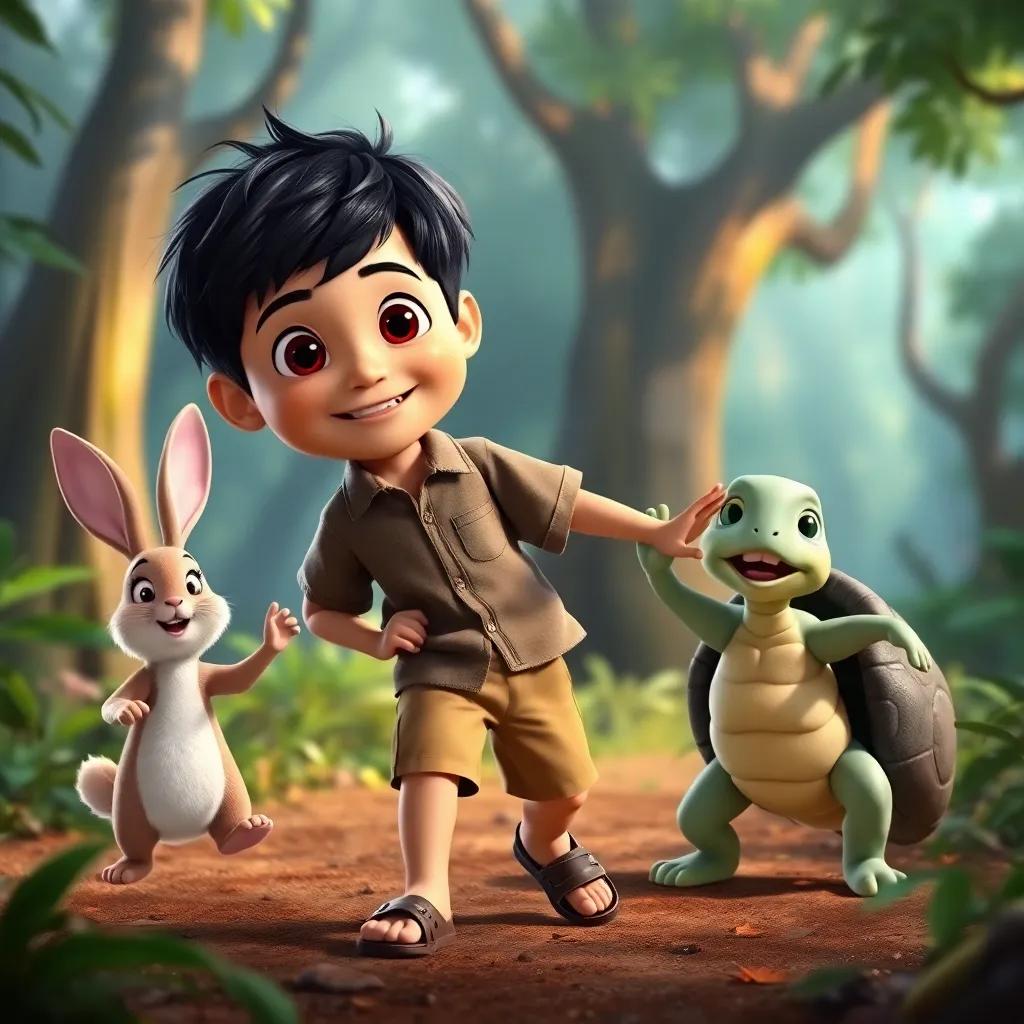 A young boy named Diego, with short dark hair, wearing a simple shirt and shorts, joined by a rabbit and a turtle, all dancing together joyfully in the enchanting forest, bright colors, happy scene, high resolution