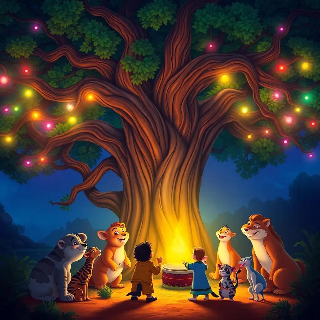 A large oak tree glowing with colorful lights in the background, singing along with the magical drum, while animals gather around Diego, embracing friendship and fun, vibrant illustration, warm lighting, inviting atmosphere