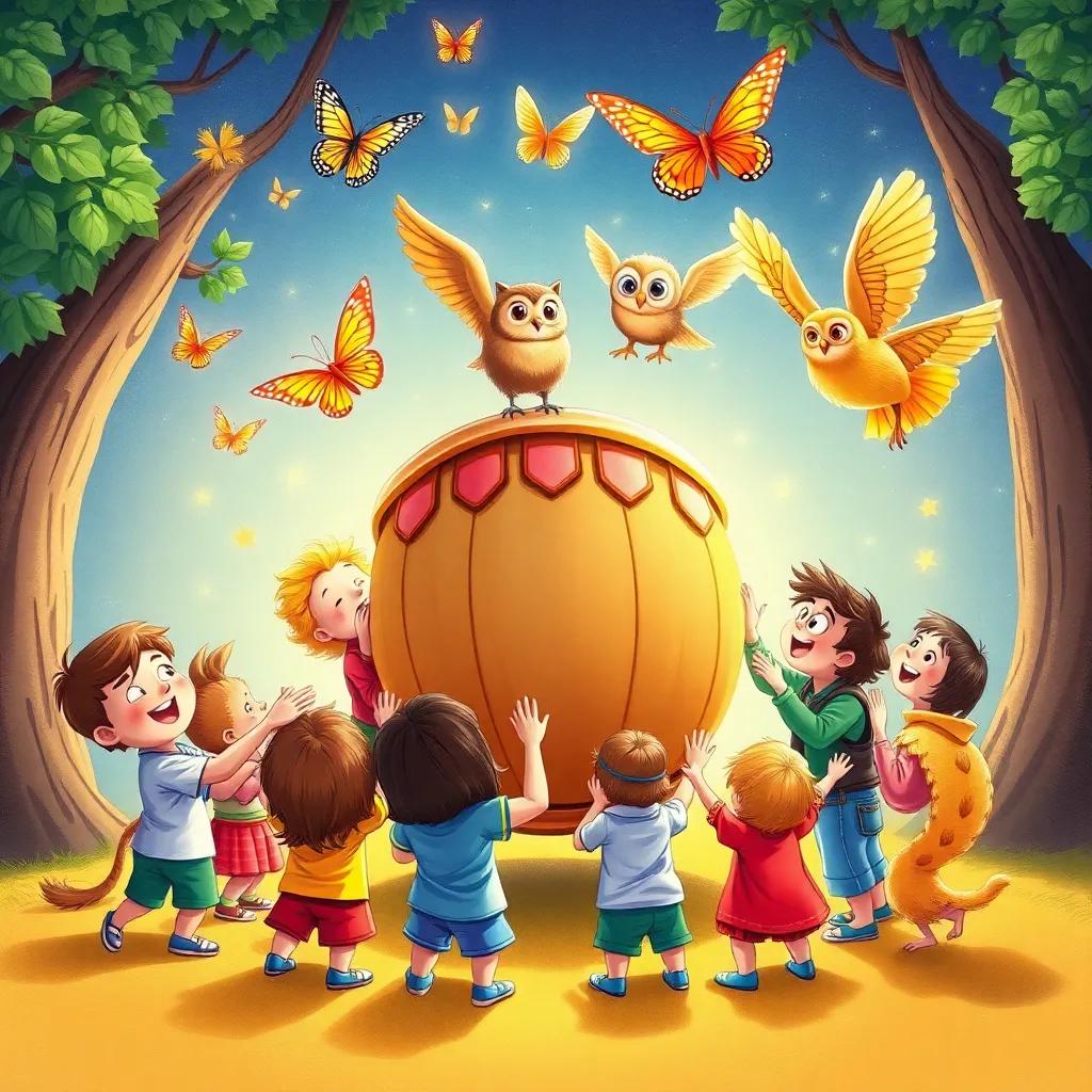 Children and animals creating a circle around a magical drum, with butterflies flying above and owls clapping their wings, celebrating together with excitement and joy, lively drawing, bright and cheerful colors, high quality art