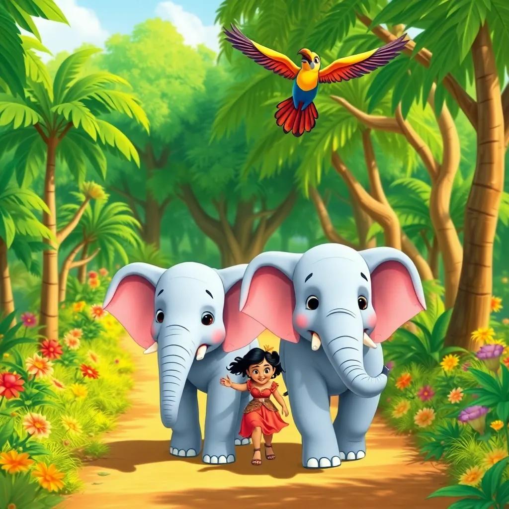 Elena the elephant with her mom and dad, walking through a sunny jungle path with lush trees and colorful flowers, accompanied by a talking parrot flying overhead, illustration, vibrant, adventurous feel, family-friendly