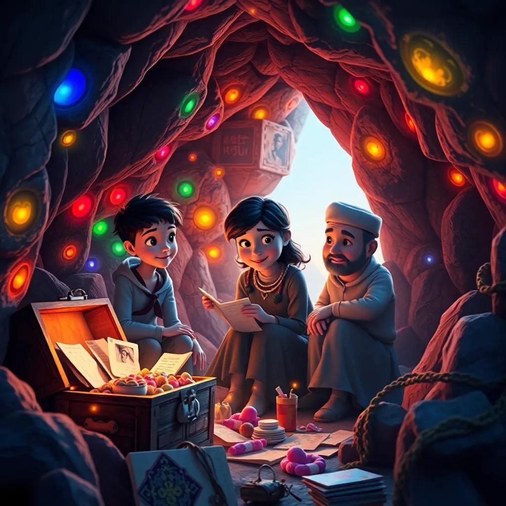Inside a mysterious cave filled with colorful echoes, Elena and her family looking at ancient photos and a treasure chest overflowing with letters and sweets, warm light, cozy atmosphere, magical experience