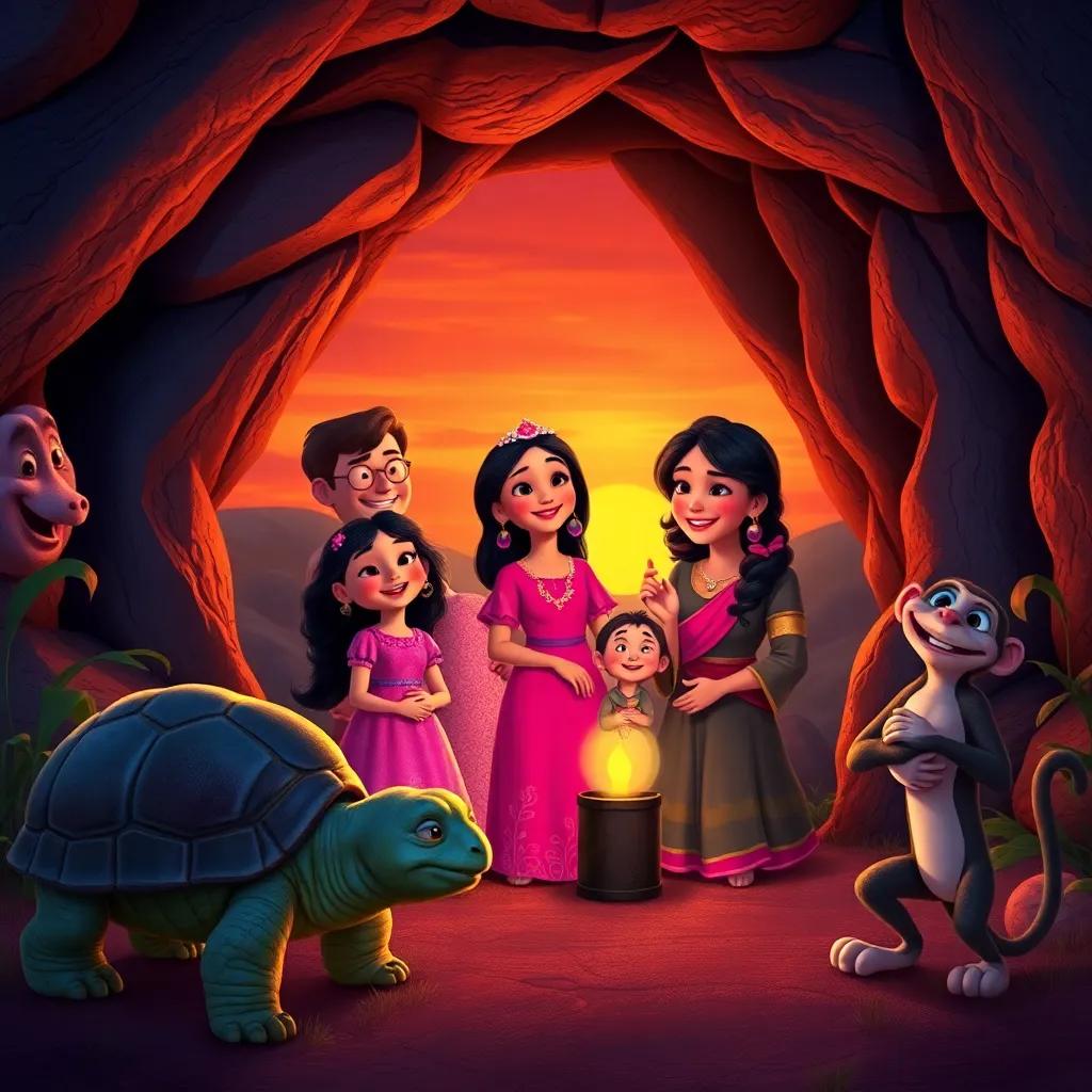 Elena and her family celebrating outside the cave, with laughter and joy, surrounded by their new friends, the wise tortoise and the playful monkey, colorful sunset, heartwarming scene