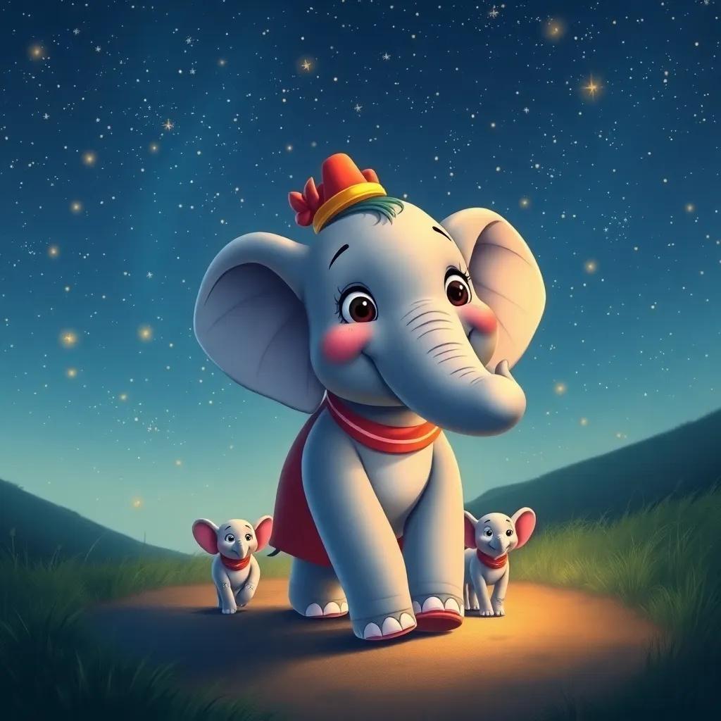 Elena the elephant smiling as she walks home with her family under a starry sky, filled with twinkling stars, reflecting her happiness and love, digital painting, uplifting colors, serene and joyful mood
