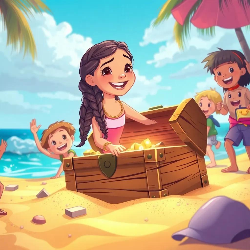 A wooden treasure chest emerging from the sand, surrounded by excited children, Maia, a Hispanic girl with long braided hair, beaming with joy, colorful beach setting, treasure glimmering inside the chest, illustration, bright light, sense of adventure, high quality