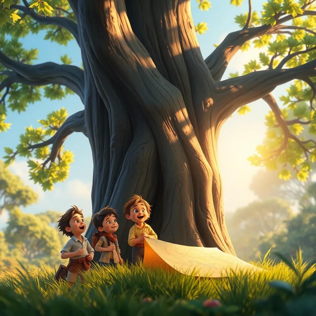 Niños emocionados junto a un gran árbol con hojas brillantes que dan sombra, ellos observando el mapa y buscando pistas para su aventura, estilo colorido, luz suave, naturaleza rica