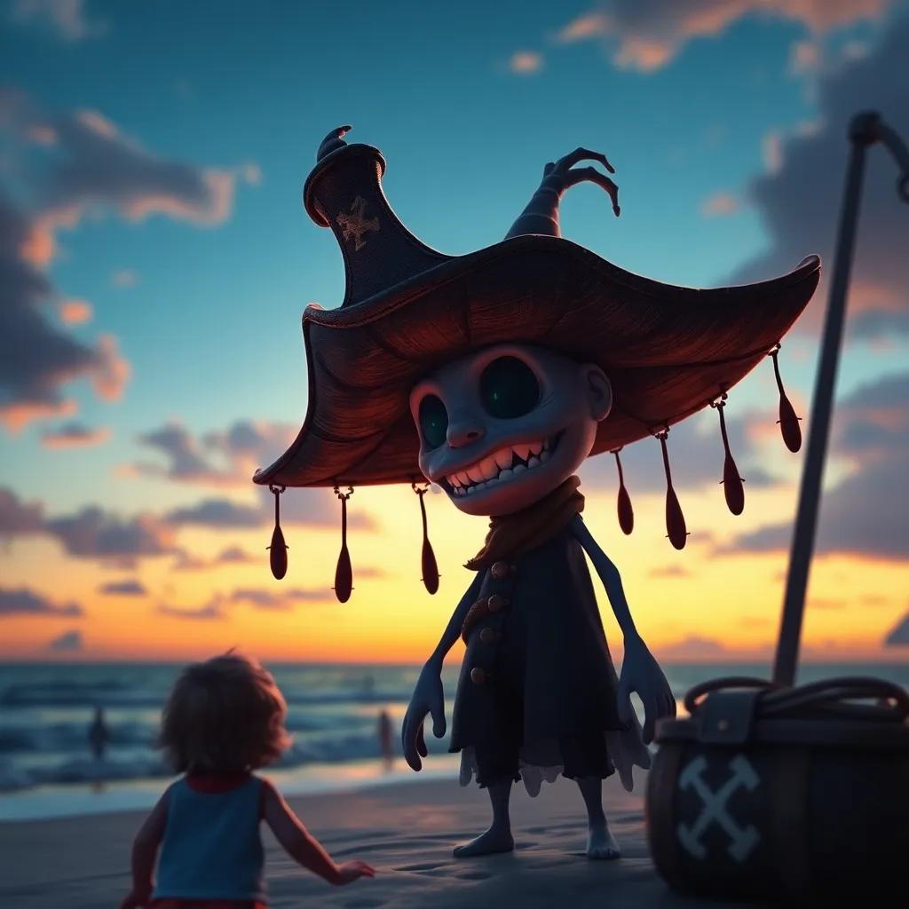 Un fantasma pirata con aspecto amistoso, con un sombrero viejo y cadenas que tintinean, observando a los niños, fondo de playa al atardecer, digital art, atmósfera mágica, alta calidad