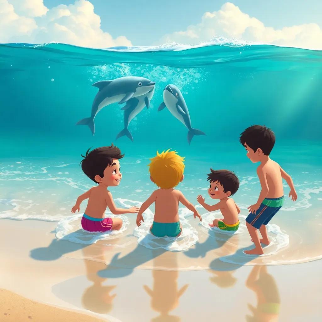 Una escena de los niños resolviendo un rompecabezas en la arena, con delfines saltando en el mar detrás de ellos, colorido y alegre, ilustración detallada, vista amplia