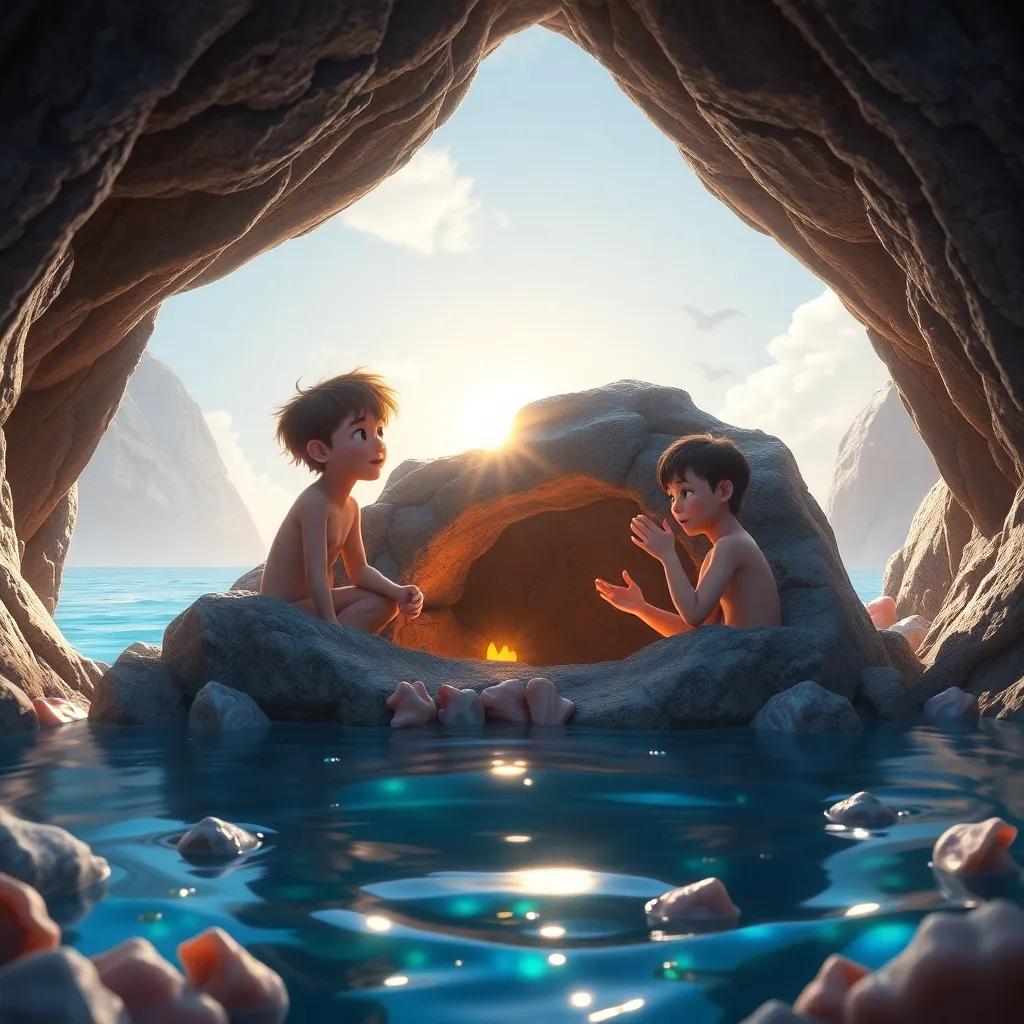 Los amigos cavando en las rocas, encontrando un cofre antiguo, rodeados de algas y conchas, luz del sol reflejando joyas, atmósfera emocionante, arte digital, calidad increíble