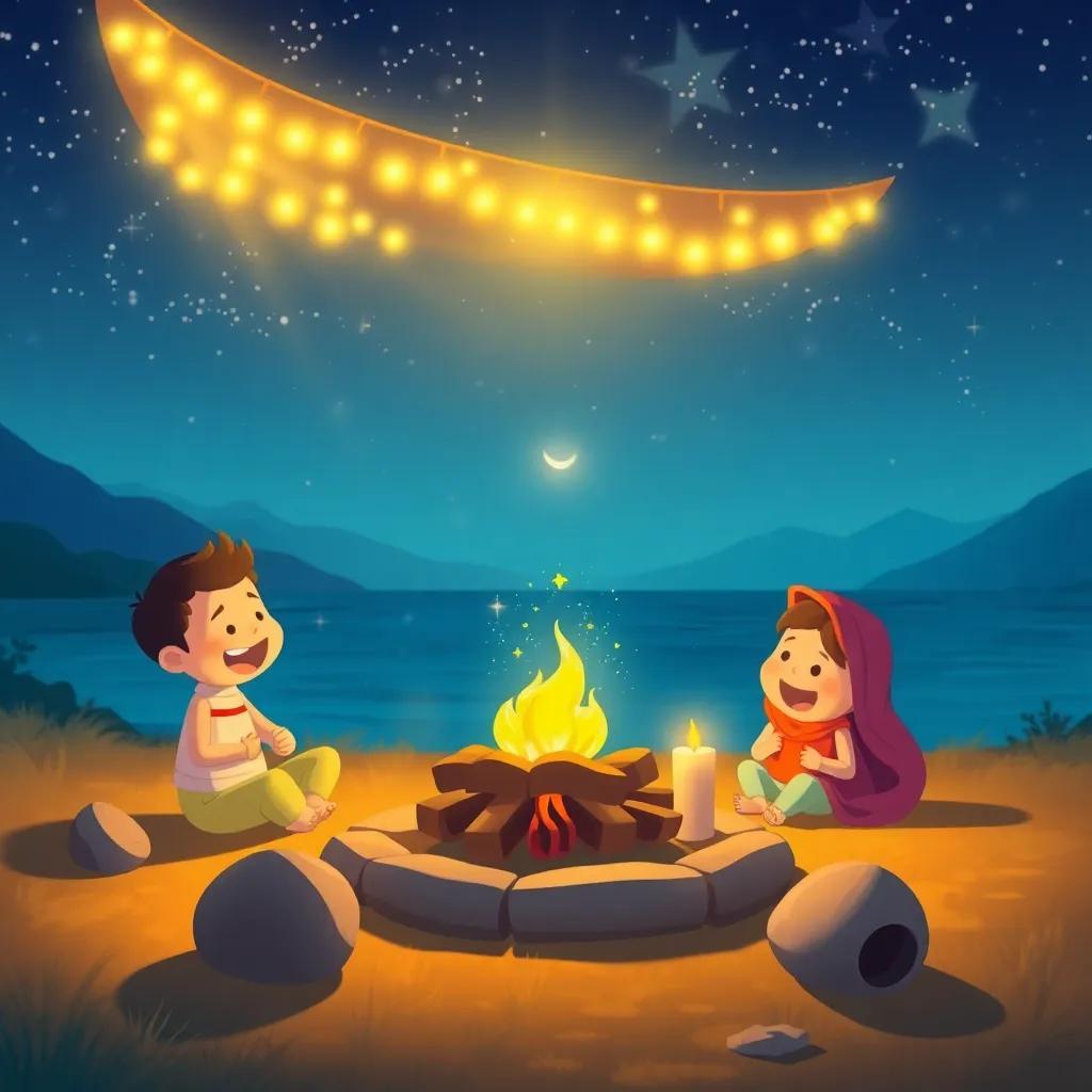 Una escena mágica del cofre abierto con oro y joyas brillando, todos los amigos sonriendo, el paisaje playero detrás, ilustración, cálido y acogedor, calidad alta