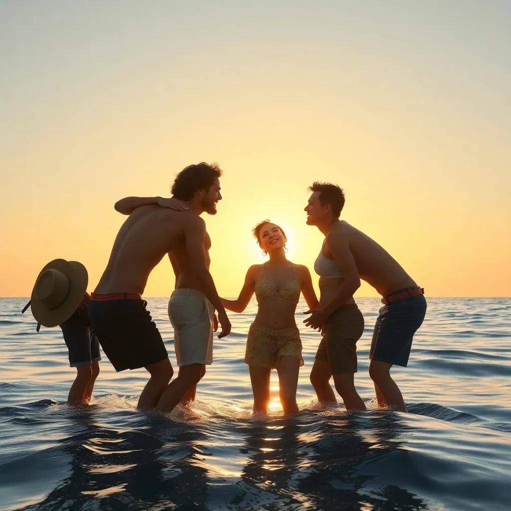 Un grupo de amigos riendo y abrazándose al reconocer su verdadera riqueza sobre el mar con el sol de fondo, representación de unidad y amistad, arte emotivo, alta calidad
