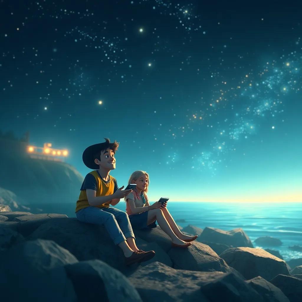 Los amigos disfrutando de una noche estrellada a la orilla del mar, recordando su aventura, un ambiente cálido, luces suaves, arte digital, atmosférico