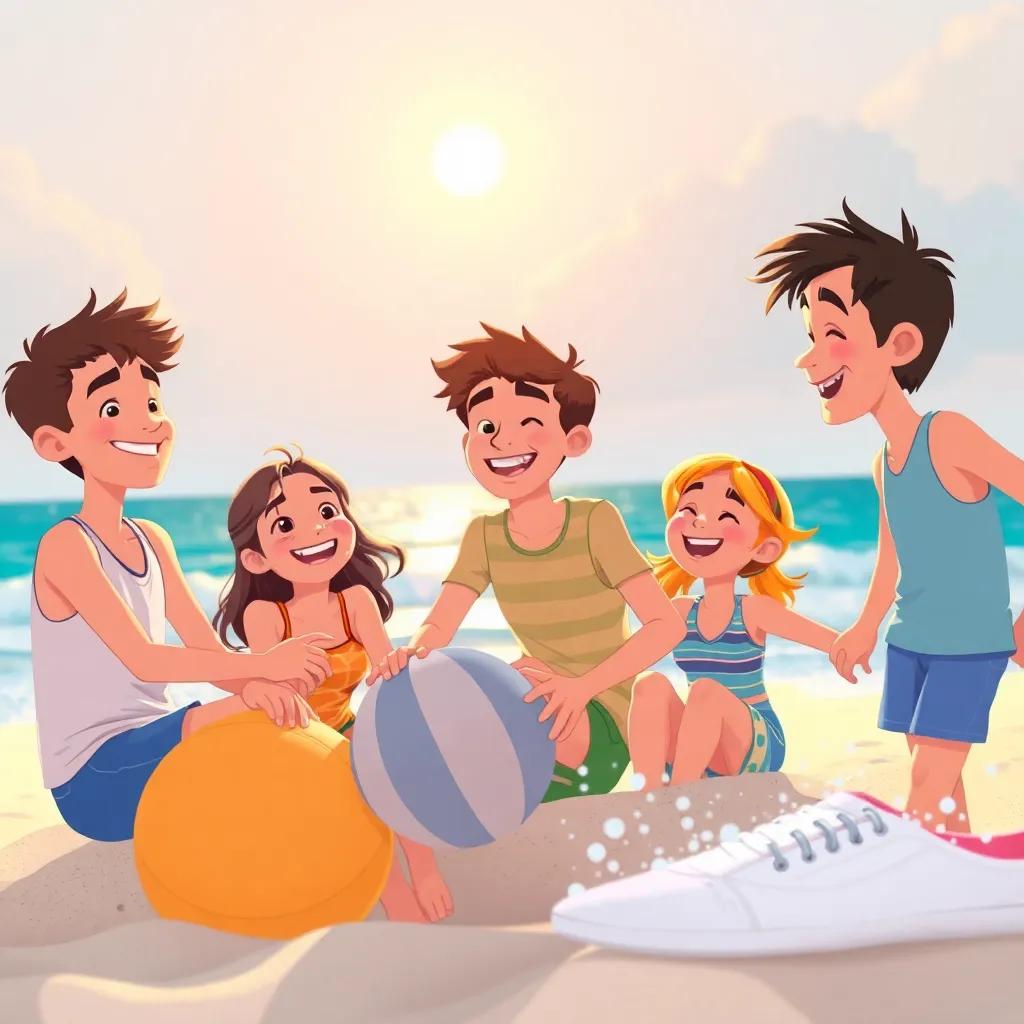 Un grupo de amigos de vuelta en la playa, jugando en la tarde, con sonrisas y alegría, representando la amistad y la diversión, ilustración alegre, alta calidad