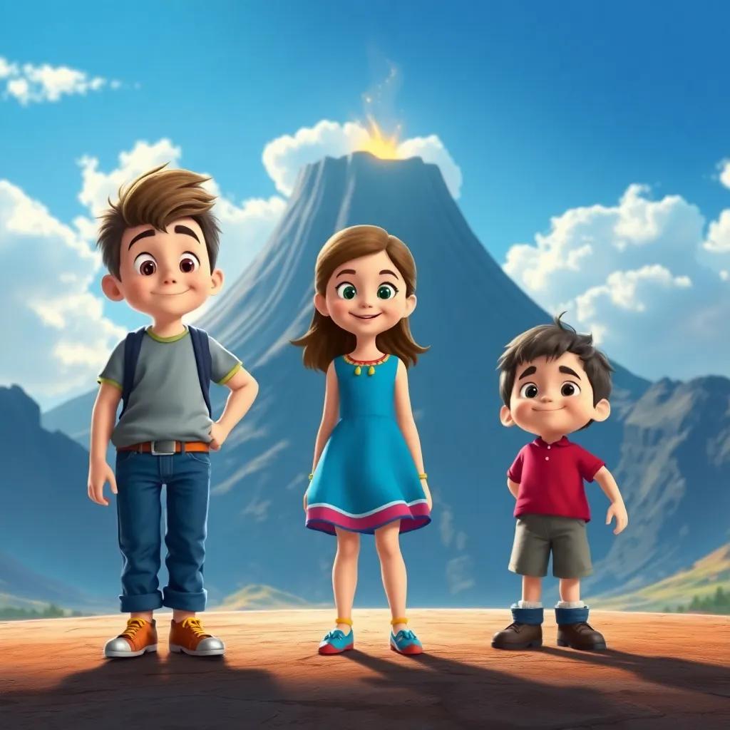Un grupo de tres amigos: Tomás, un niño valiente de piel clara, Clara, una niña de cabello rizado y Luis, un niño con una gorra, de pie frente a un volcán majestuoso con un cielo azul brillante, digital art, colorido, alegre, perspectiva amplia, alta calidad