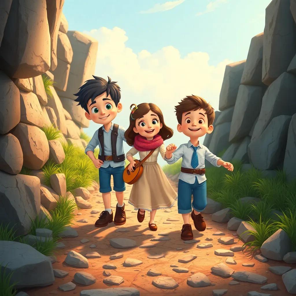 Tomás, Clara y Luis caminando juntos por un sendero lleno de piedras y raíces, Tomás llevándose la brújula, Clara sosteniendo la linterna y Luis bailando feliz, ilustración divertida, alegre, cálida, perspectiva cercana, calidad alta