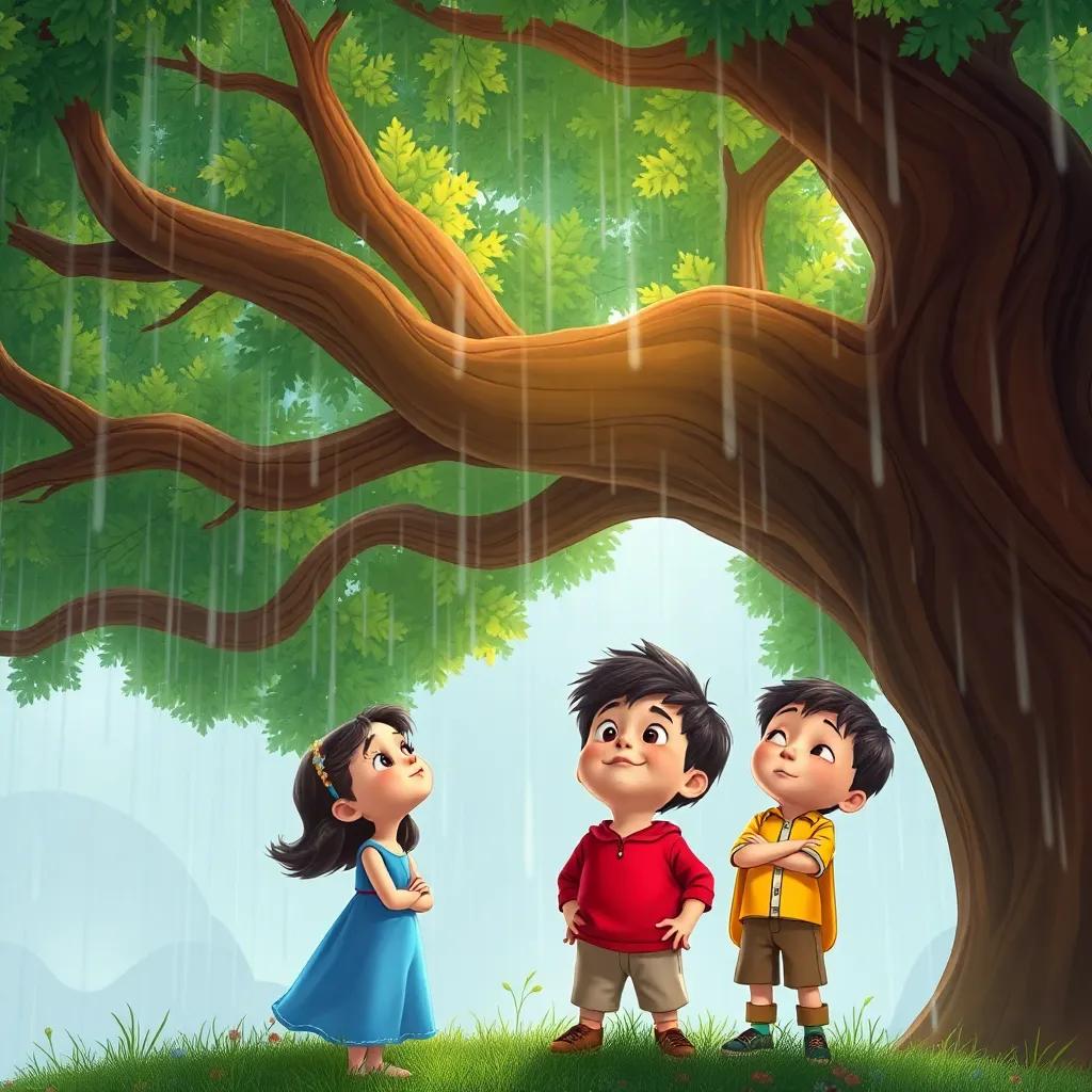 Los amigos bajo un gran árbol, resguardándose de la lluvia, Clara mirando al cielo, Tomás con un rostro decidido y Luis haciendo caras cómicas, atmósfera acogedora, colorido, infantil, perspectiva íntima, alta calidad