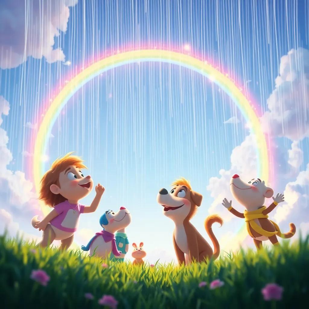 El arcoíris brillando en el cielo después de la lluvia con los amigos sonriendo y mirando hacia arriba, lleno de colores brillantes, arte alegre, vibrante, perspectiva amplia, calidad alta