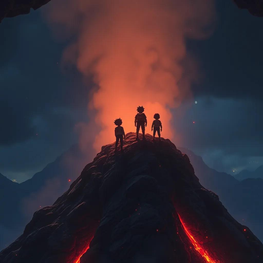Los amigos en la cima del volcán, de pie antes de entrar en una cueva oscura, mostrando una mezcla de nerviosismo y emoción, arte digital emocionante, detallado, tratamiento de luz dramático, alta calidad