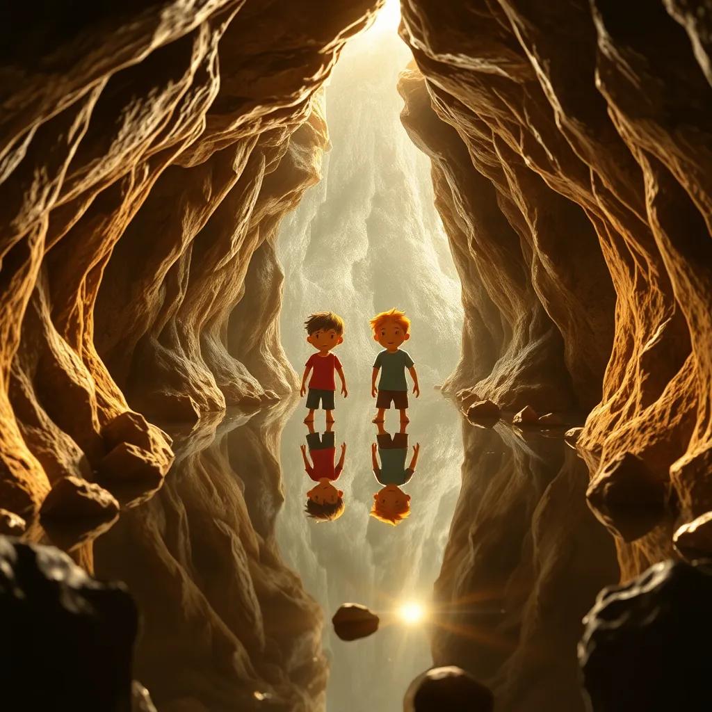 Dentro de la cueva con paredes brillantes, los amigos se ven reflejados en un gran espejo, rodeados de cofres, luz suave y misteriosa, arte digital intrigante, efecto de eco, alta calidad