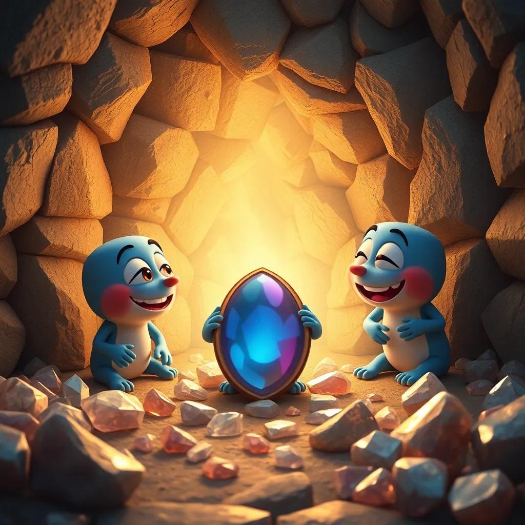 El tesoro descubierto, con el espejo en el centro rodeado de piedras preciosas, los amigos sonriendo, característico de amistad, colorido, cálido, arte digital, alta calidad