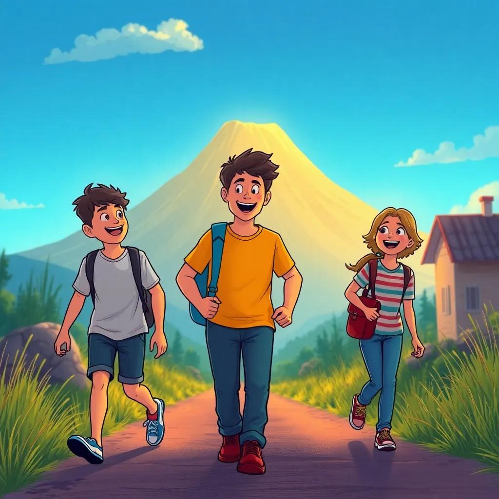 Los amigos regresando a casa, conversando y riendo mientras caminan juntos, con el volcán al fondo, escena cálida y acogedora, vibrante, perspectiva alegre, alta calidad