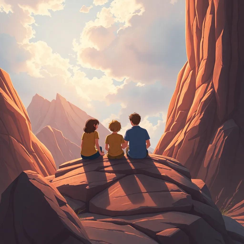 Una representación del volcán ahora como un símbolo de amistad, con los amigos sentados en una roca, mirando hacia el futuro con esperanza, arte ilustrativo, lleno de colores, perspectiva serena, alta calidad