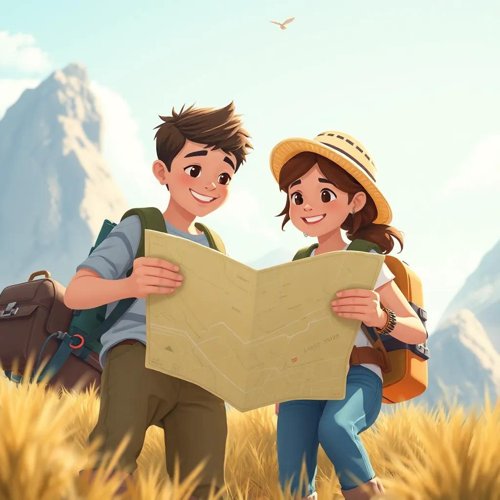 Los amigos explorando nuevos lugares juntos, sosteniendo un mapa, con sonrisas en el rostro, en un entorno natural vibrante, ilustración aventurera, cálida, perspectiva amplia, alta calidad
