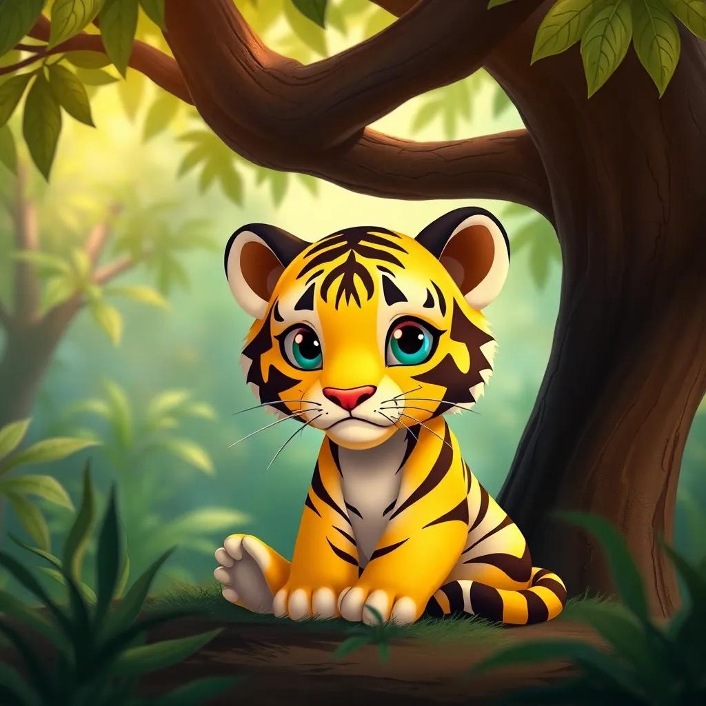 Un pequeño tigre llamado Tito, de piel amarilla con rayas negras, sentado bajo un árbol en la selva, mirada triste, digital art, colores vibrantes, atmósfera de calma, perspectiva frontal, alta calidad
