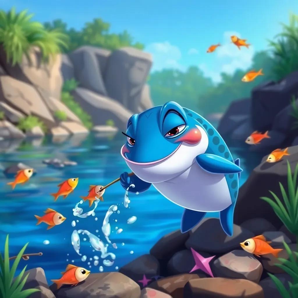 Tito practicando rugir frente a un río, con una expresión confundida, nadando peces de colores alrededor, ilustración colorida, alegre, naturaleza, calidad media