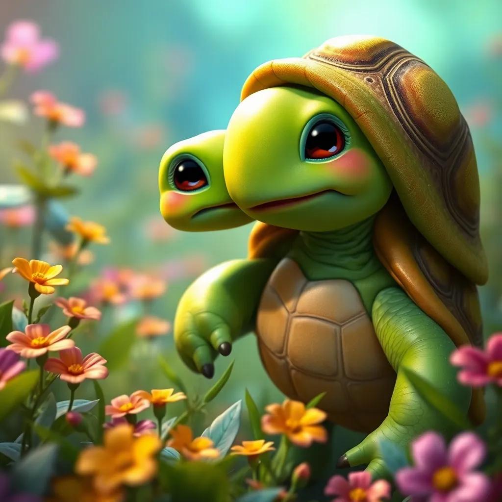Una tortuga amiga de Tito, con caparazón verde, sonriendo y hablando con él, alrededor de flores brillantes en la selva, digital art, colores vivos, atmósfera amigable, calidad alta