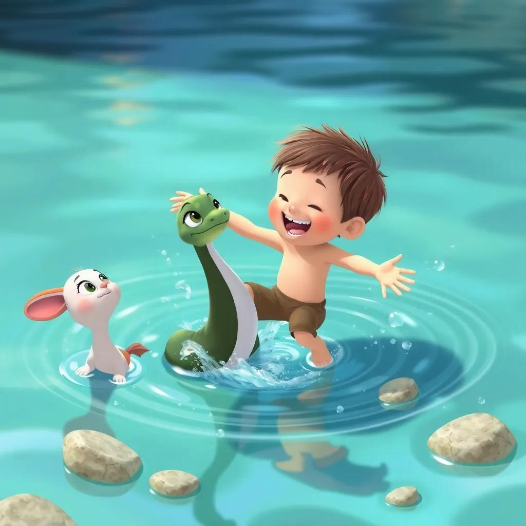 Tito jugando con una rana, saltando felices sobre un charco, con agua salpicando, ilustración divertida, textura suave, perspectiva alegre, calidad media