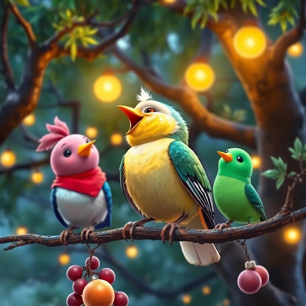 Un pájaro cantando en la rama, colorido, con Tito y sus amigos, escuchándolo con sonrisas, fondo de árboles frondosos, digital art, colores alegres, atmósfera festiva, calidad alta