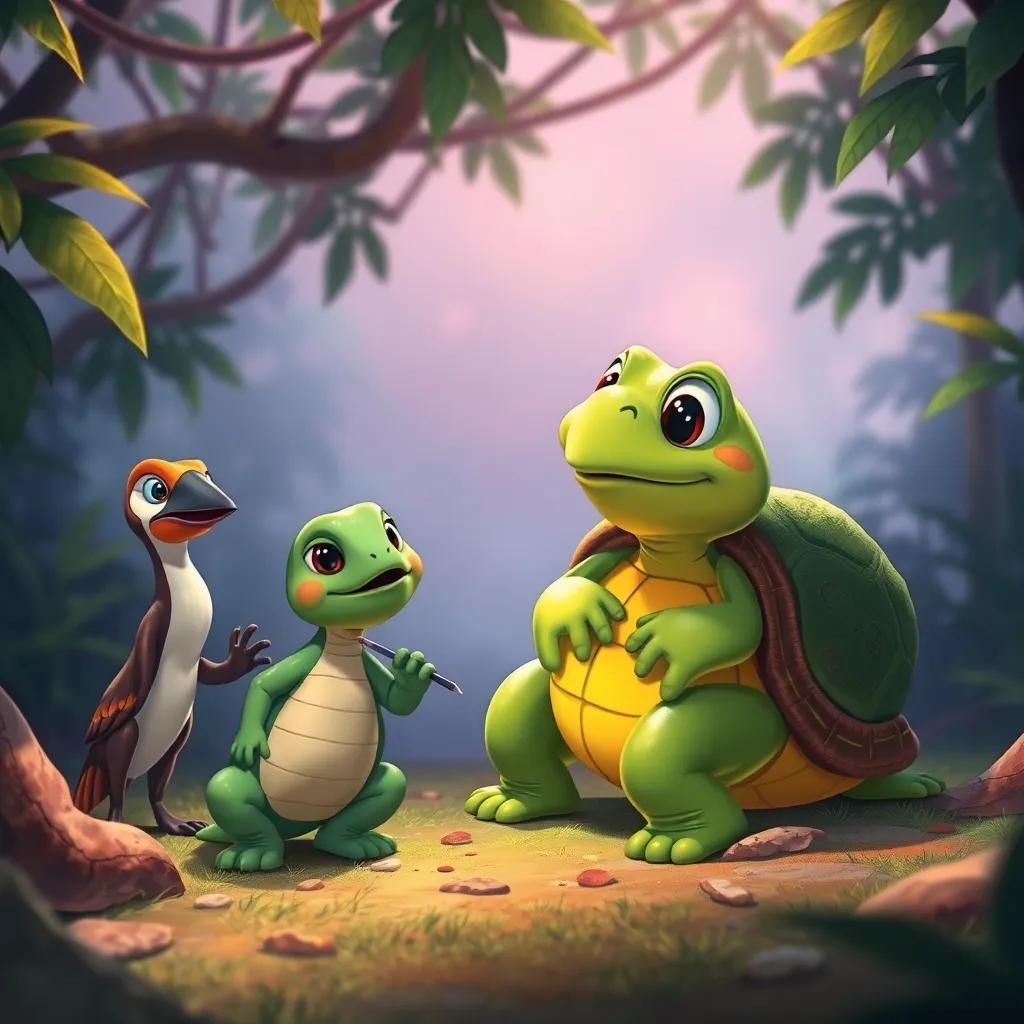 Tito, la tortuga, la rana y el pájaro, juntos en un claro de la selva, riendo y disfrutando, ilustración iluminada, colores cálidos, perspectiva cercana, calidad media