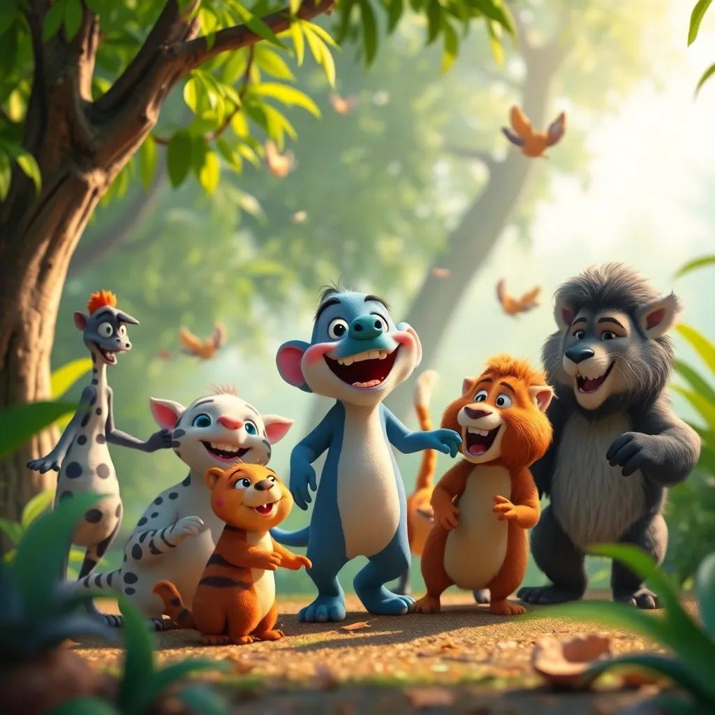 Un grupo de animales jugando en la selva, con Tito sonriendo al centro, rodeado de su amistad, digital art, atmósfera alegre, colores vivos, calidad alta