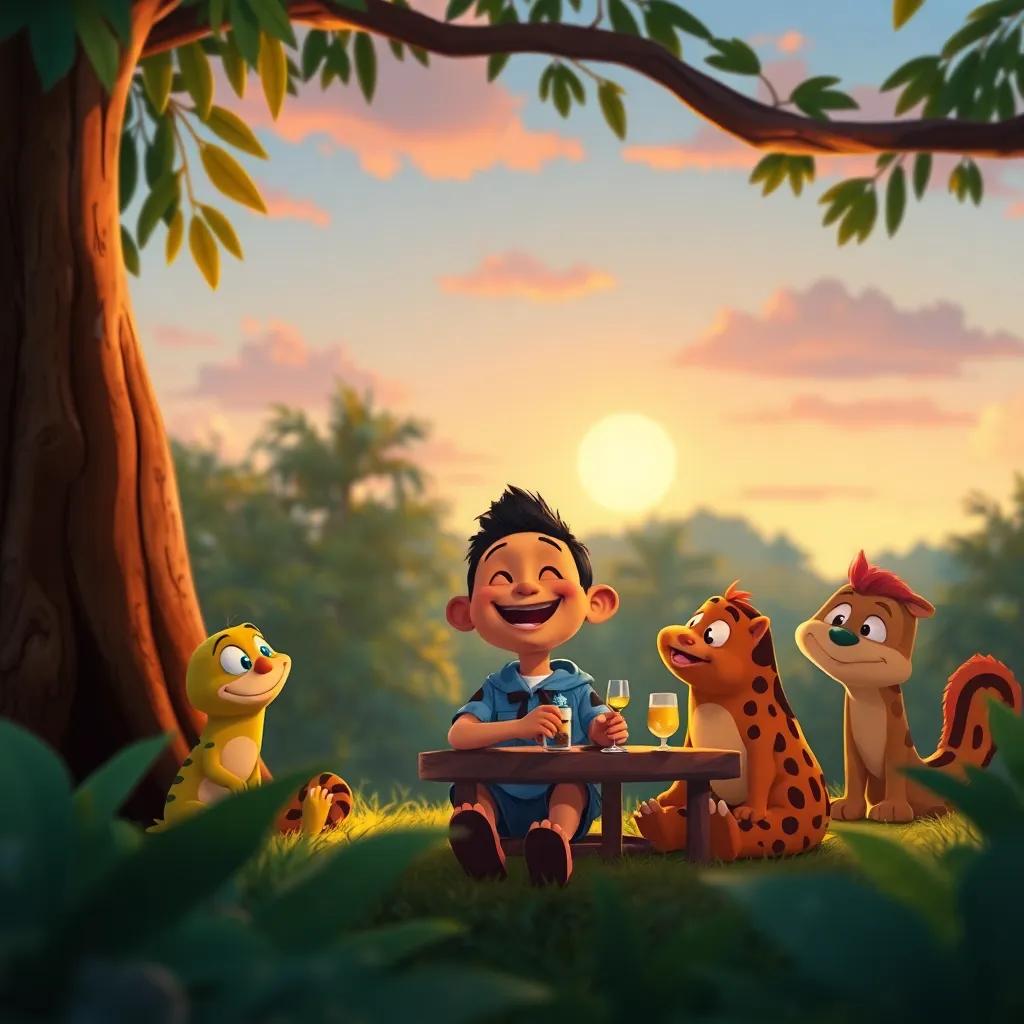 Un atardecer en la selva, Tito felizmente rodeado de amigos, todos riendo y disfrutando, colores dorados y anaranjados, ilustración mágica, calidad alta