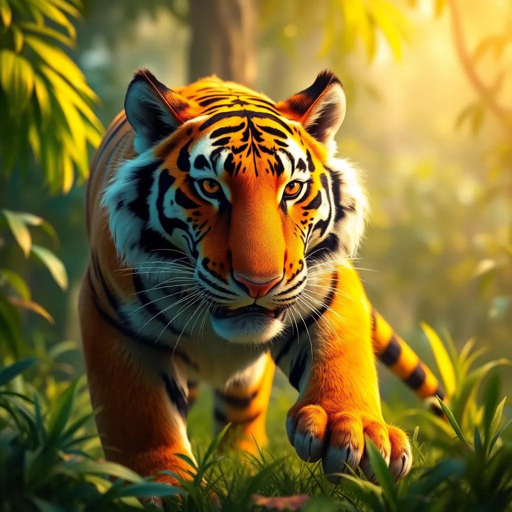 Un tigre feroz llamado Tito, con un pelaje naranja brillante y rayas negras, de pie en una selva exuberante, mostrando su poder con un rugido, digital art, vibrantes colores, atmósfera salvaje, alta calidad