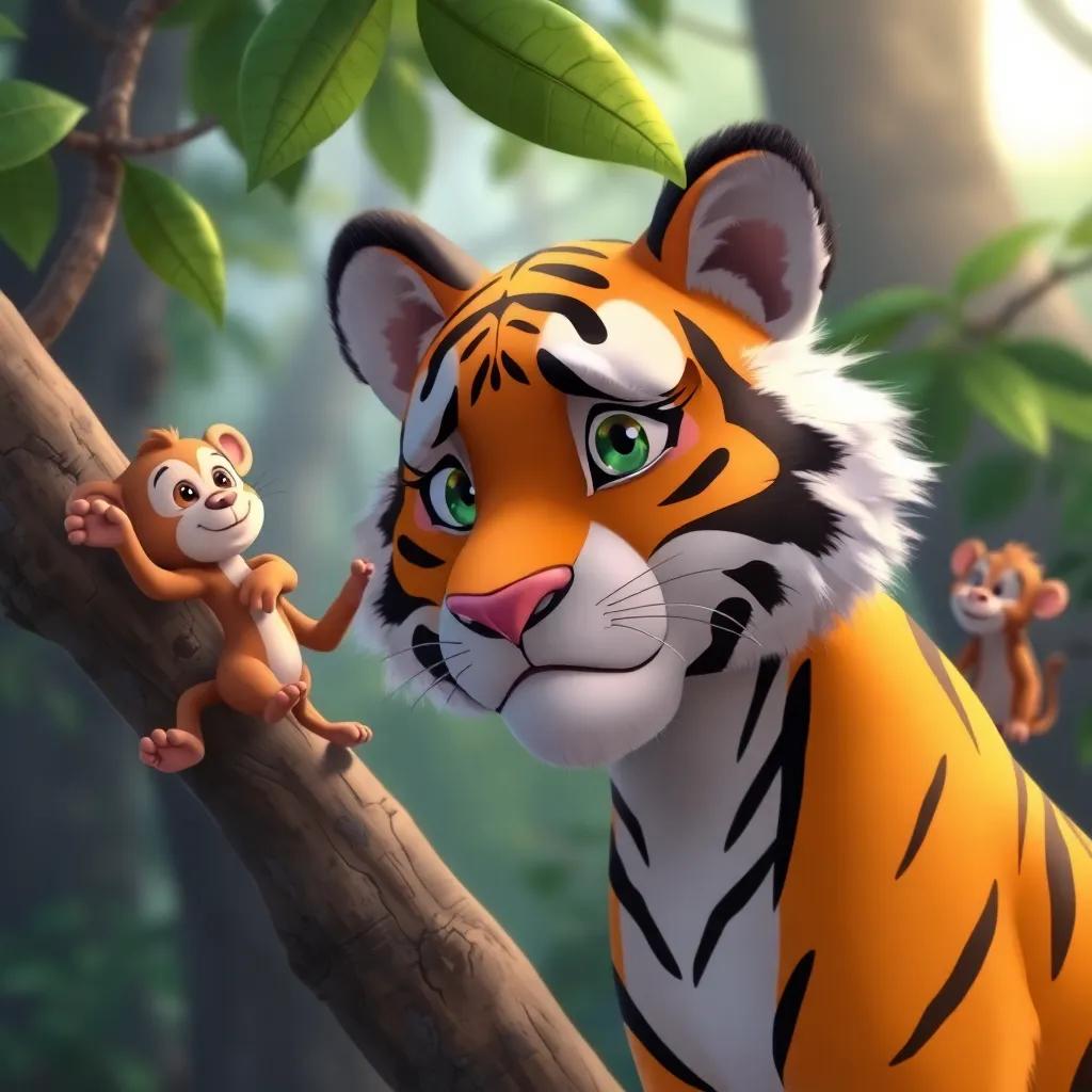 Tito el tigre buscando amigos, con una expresión triste en su rostro, viendo a unos monos que se asustan y saltan de un árbol a otro, ilustración, colores suaves, mirada curiosa, amigable y divertida