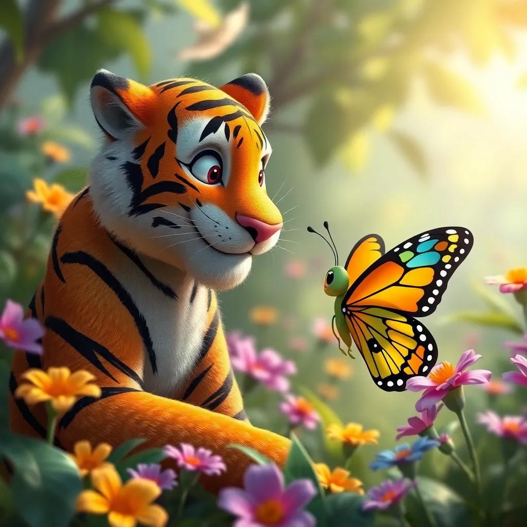 Tito el tigre intentando ser amable, hablando suavemente con Bella la mariposa, que tiene alas coloridas y brillantes, entre flores coloridas en la selva, digital painting, luz suave, calidad amigable para niños